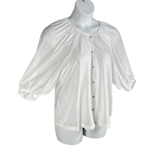 LC Lauren Conrad Women S White Button Front Blouse 3/4 Balloon Sleeves Lagenlook - Picture 4 of 14